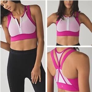 Lululemon Sports Bra Zip Front‎ Mesh Strappy Racerback Magenta Pink Size 4